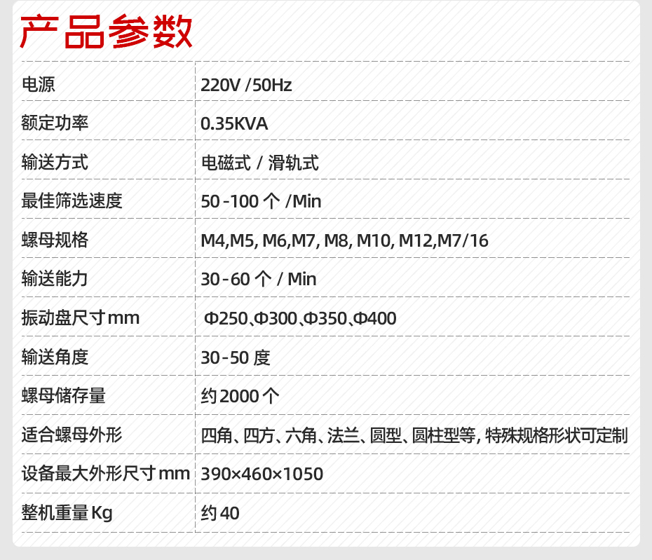 自動螺母輸送機產品參數